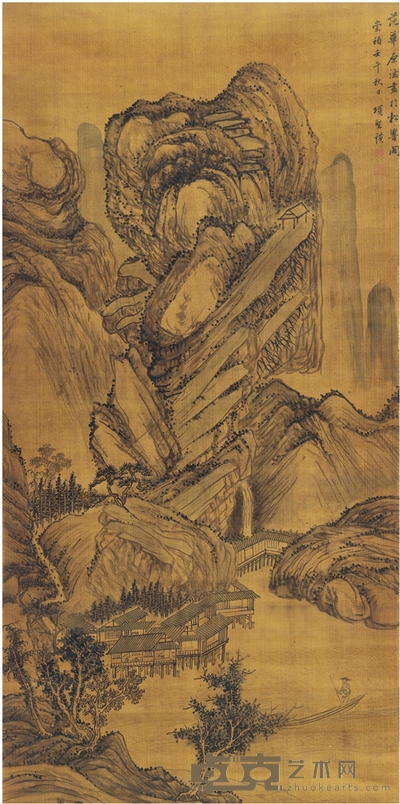 项圣谟 松山楼阁图 136×67cm