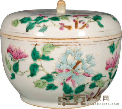 清·光绪粉彩花卉纹盖缸 H：10.5cm