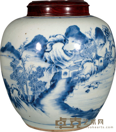 清·雍正青花山水纹罐 H:22.5cm