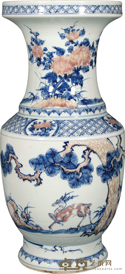 清·乾隆青花釉黑红鹤鹿同春瓶 H:46cm