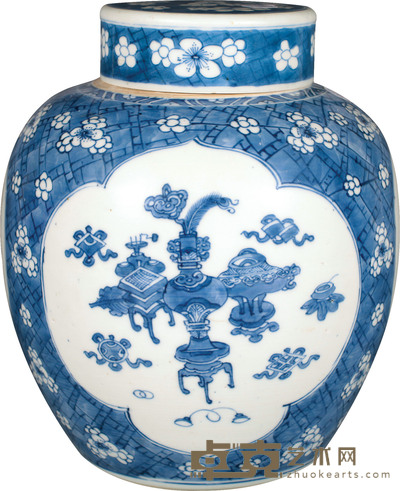 清·康熙青花冰梅开光博古罐 H:23cm