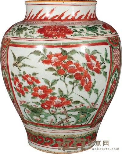 清·顺治五彩花鸟罐 H:23cm