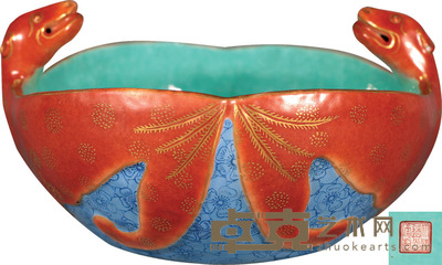 清·道光珊瑚红描金双蝠洗 D:45cm