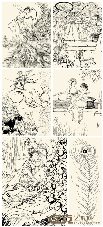 程十髪《孔雀》 插图原稿五帧 韩美林 封面一帧 28×20.5cm×5  29.5×10.5cm