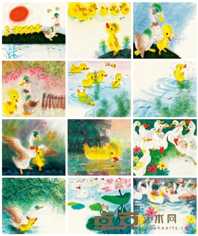 潘小庆《小鸭子学游泳》连环画原稿二十三帧 19.5×21.5cm×23