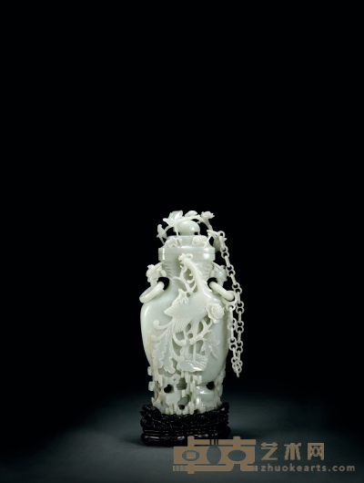 清·白玉高浮雕凤纹链条瓶 高：39cm 带座高：45.5cm 长：17cm