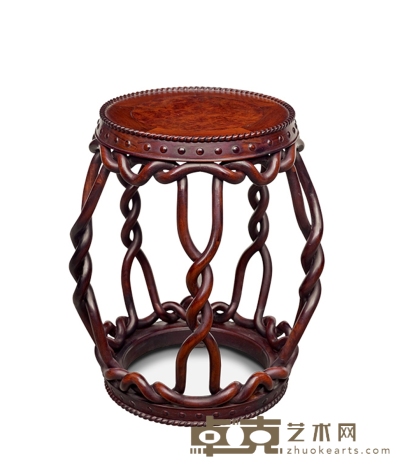 清·红木镂雕鼓钉纹凳 高：50.7cm 直径：36.8cm