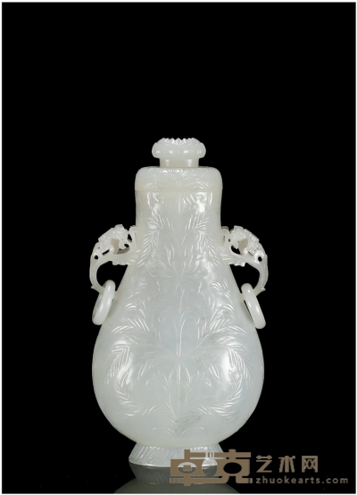 清·白玉雕痕都斯坦风格西番莲纹活环耳盖瓶 高：17.5cm