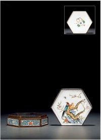清·铜胎画珐琅花鸟图六角盒