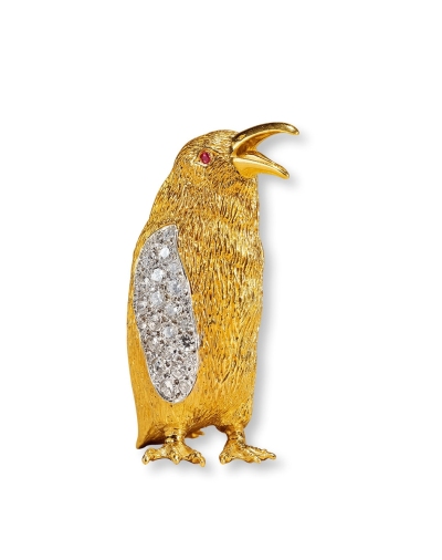 约60-70年代制 金镶红宝石钻石“帝企鹅”胸针