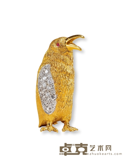 约60-70年代制 金镶红宝石钻石“帝企鹅”胸针 