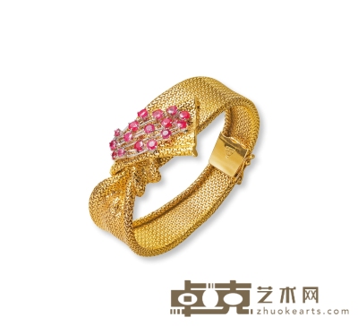 约80年代制 美好时代时期（1890-1910）金镶红宝石编织古董手链 