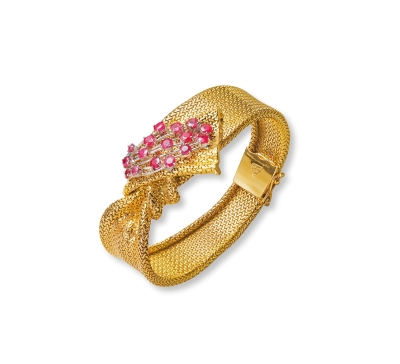 约80年代制 美好时代时期（1890-1910）金镶红宝石编织古董手链