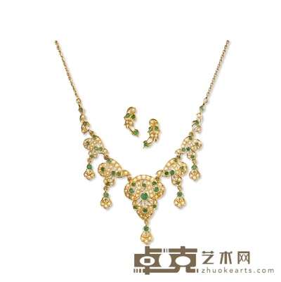 维多利亚时期（1837-1901） 14K金镶祖母绿珍珠套组 