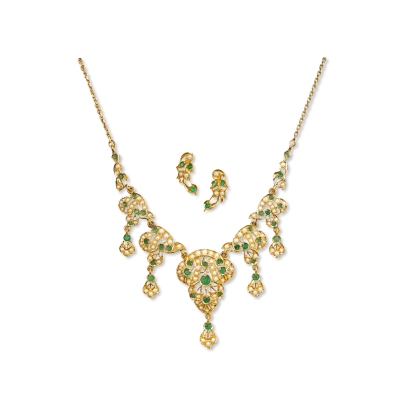 维多利亚时期（1837-1901） 14K金镶祖母绿珍珠套组