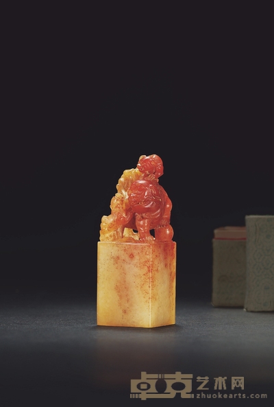 林元珠作寿山高山石子母狮钮章 2.5×2.5×7cm