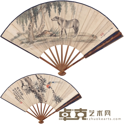 马晋 骏马图·齐眉祝寿图 50.5×18.5cm
