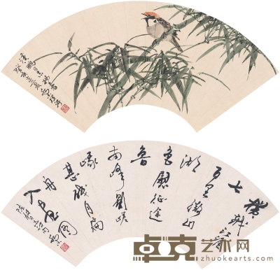 乔木 书法·翠竹小鸟图  50.5×18.5cm×2