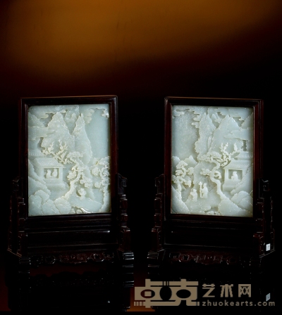 清中期·白玉雕山居高士图砚屏 （一对） 高27.5cm×2