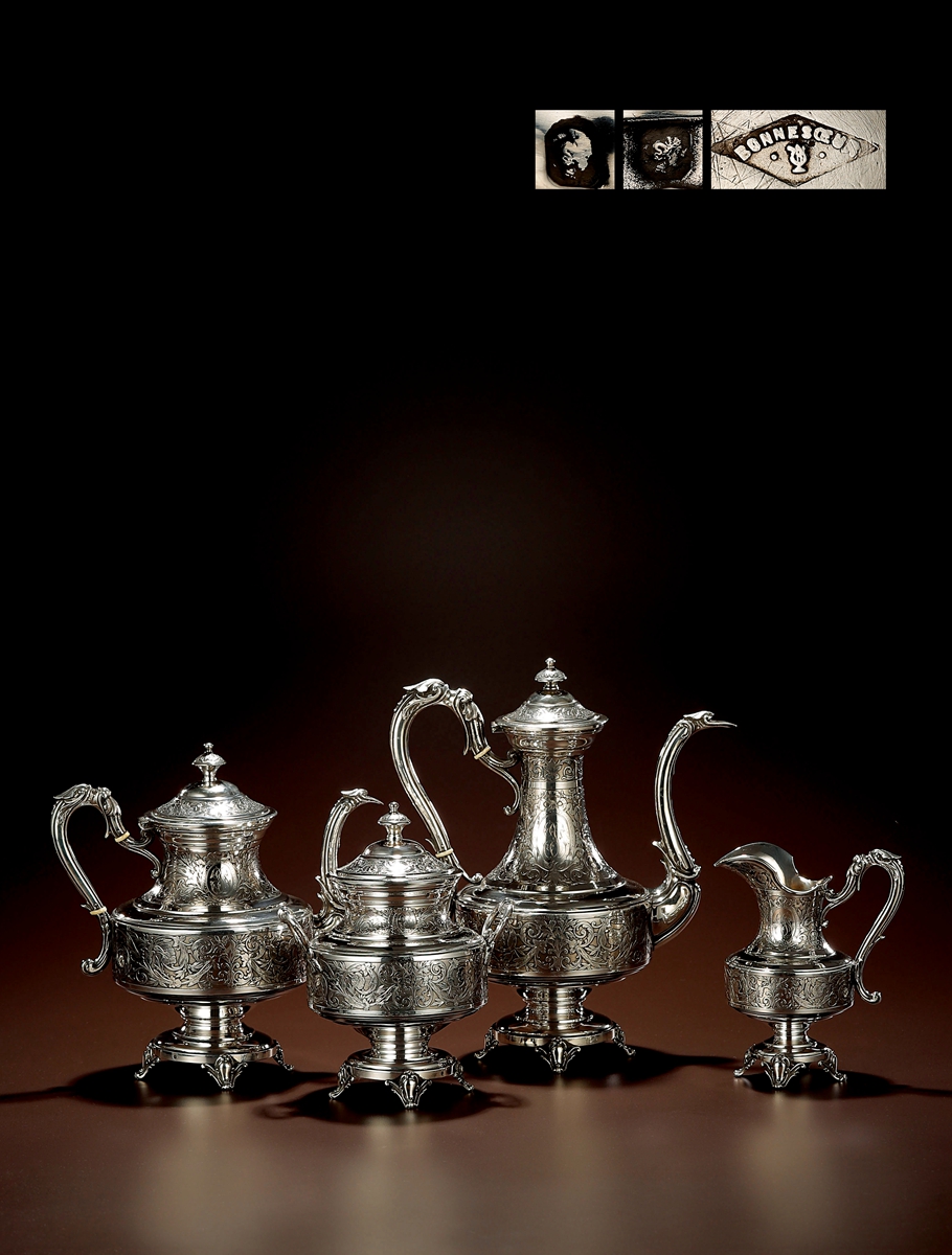 1890年制 埃德蒙·波尼斯科尔纯银高浮雕咖啡茶具 