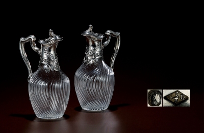 1885年制 阿尔丰斯·德班纯银配水晶雕花酒壶 