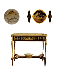 1880年制 路易十六样式铜鎏金和精钢装饰日本洒金漆画桃花心木皇后桌