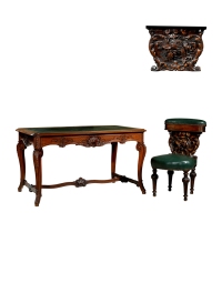 1880年制 牛皮烫金桌面书桌配椅套组