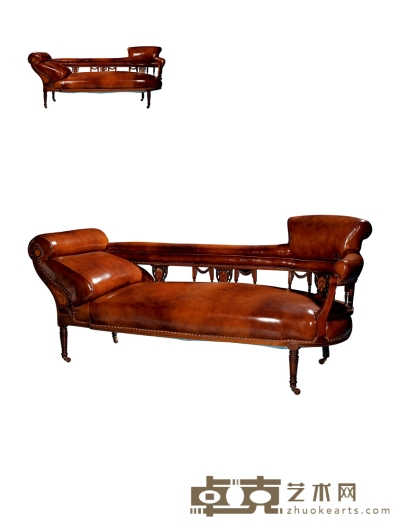 1900年制 哥特风格细木镶嵌牛皮沙发 高88cm；长188cm；宽64cm