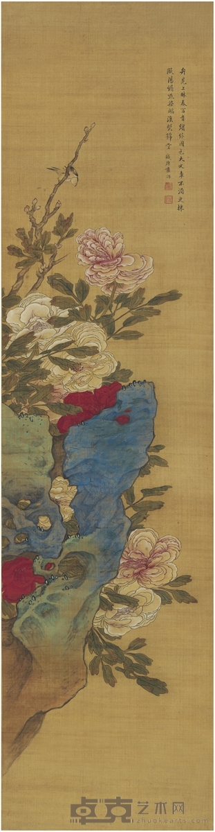蓝深 绣石牡丹图  175.5×45cm