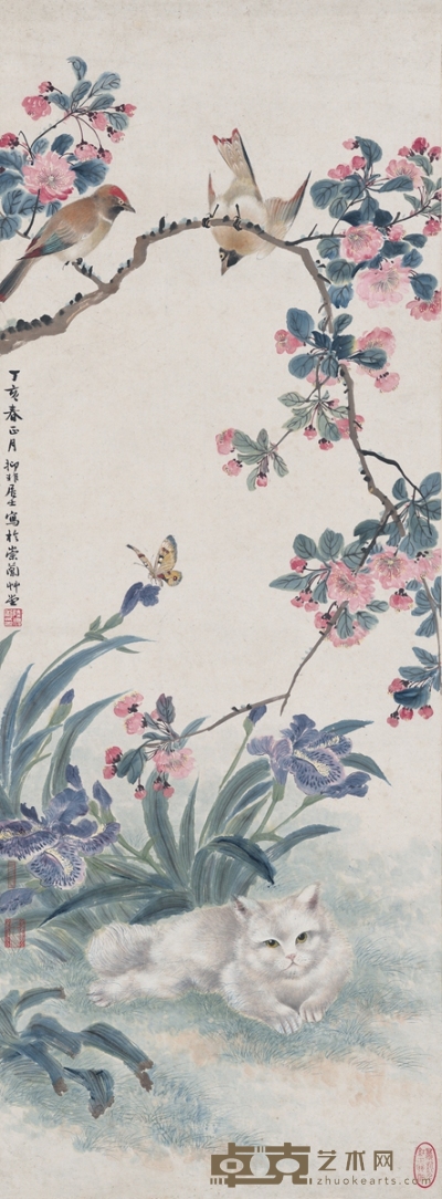 陆抑非 春花猫蝶图 111.5×41cm