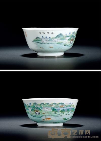 清嘉庆·粉彩庐山十景之浔阳秋泊图诗文碗 口径17.7cm