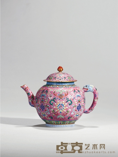 清嘉庆·粉红地粉彩八宝纹盖壶 高14cm；长18cm