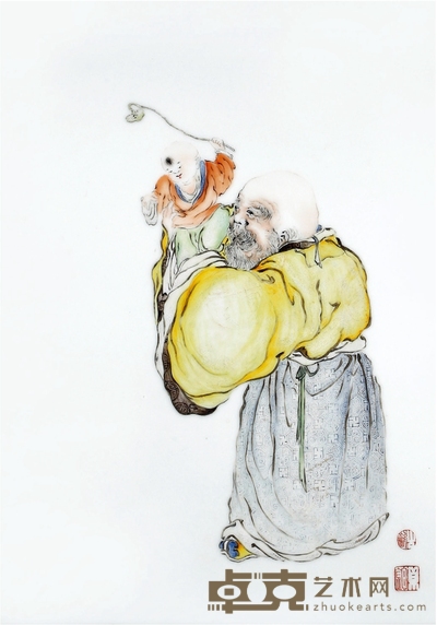 民国·潘匋宇绘粉彩寿星图瓷板 长36cm；宽25cm