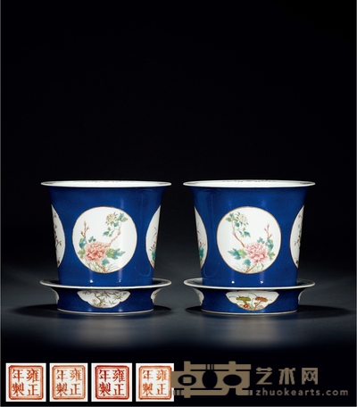 清·洒蓝开光粉彩四季花卉图花盆 (一对) 直径23cm;带托高23cm