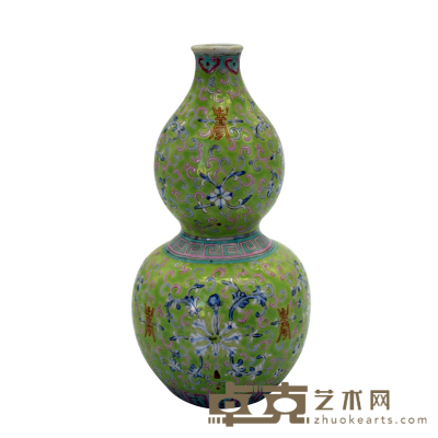 绿地粉彩花卉葫芦瓶 高25cm