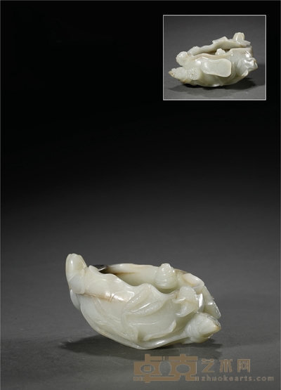 清·白玉雕莲塘清趣水洗 高：6.5cm 长：13cm