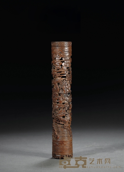 清中期·檀香木镂雕穿云龙纹香筒 高：20.5cm 直径：2.5cm