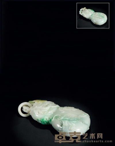 清·翡翠雕葫芦形带活环盖盒 高：4cm 长：16cm 宽：7.5cm
