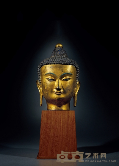 16-17世纪·铜鎏金释迦牟尼佛首 带座高：54cm 高：33cm