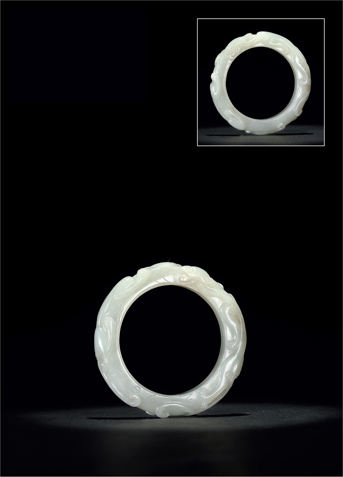 清·白玉浮雕螭龙纹环