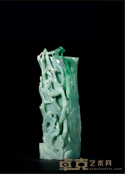 清·翡翠浮雕凤纹丛竹山石花插 高:24.5cm 口径约:7.4cm