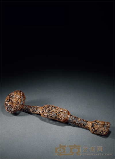 清·檀香木镂雕八仙祝寿纹如意摆件 长：46cm