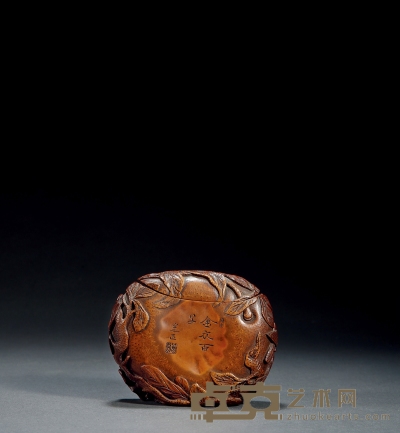 清·竹雕石榴诗文盖盒 高：8.5cm 长：10.5cm
