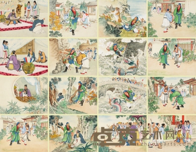 刘汉宗 《除三害》年画四条屏原稿十六帧（全） 27×34.5cm×16