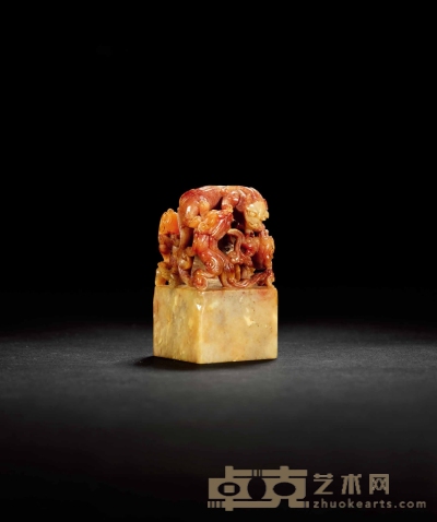 清·寿山石镂空雕五螭钮章 3.7×3.7×6.9cm