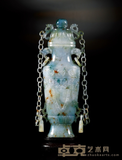 清·翡翠雕六耳活环带链盖瓶 242×96×36mm,带座高145mm