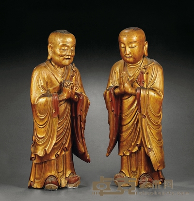 清·木胎浙工迦叶阿难一组 高:69cm×2
