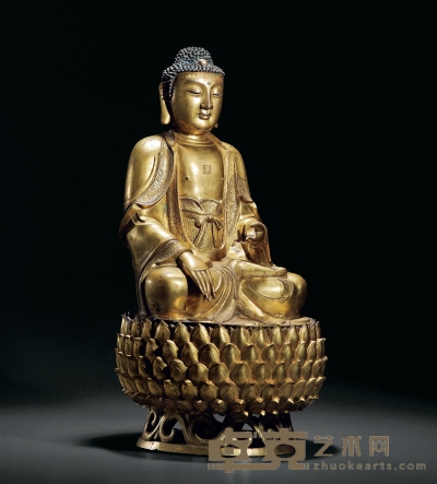 明·铜鎏金释迦牟尼坐像连座 高：53cm
