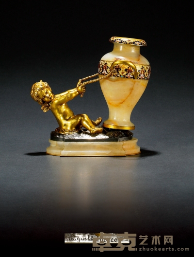 奥古斯特-刘易斯-马蒂兰·莫罗 铜鎏金天使饰理石花瓶摆件 高：19cm 长：18cm 宽：12.5cm