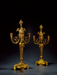 十九世纪制 铜鎏金人物高浮雕羊首饰烛台一对